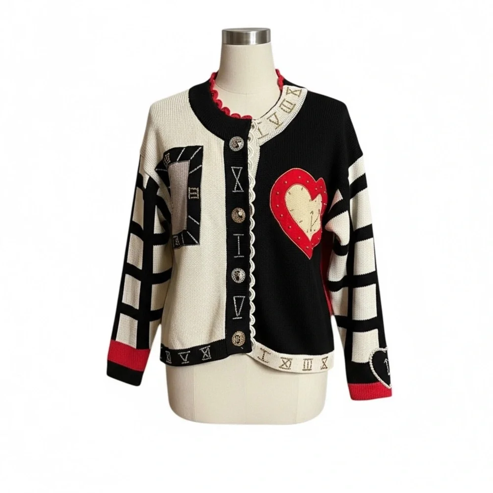 NWT Berek Embroidered & Embellished Vintage Clock/Heart Cardigan/Sweater Size M - Picture 2 of 13